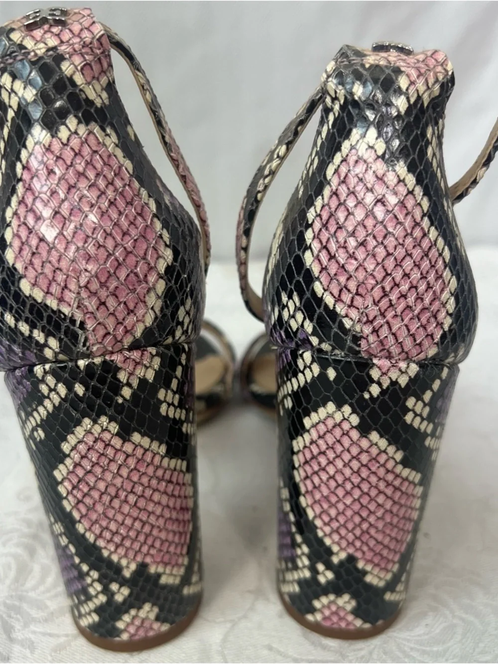 Sam Edelman Yaro Sandals Snakeskin 4” Block Heel Ankle Strap Black Pink Purple 7